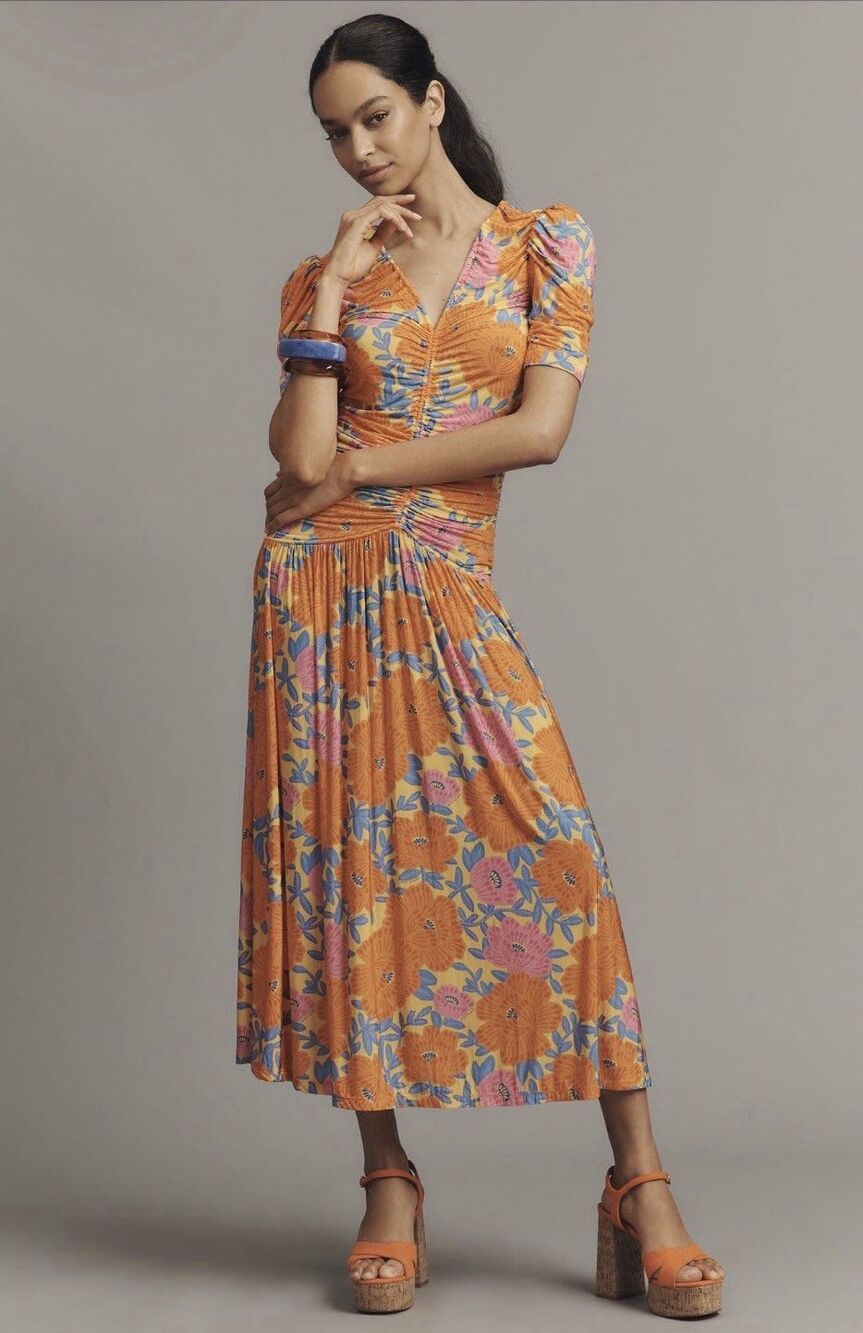 Farm Rio Anthropologie Midi Dress Ruched Orange Floral V Neck Preppy Small NWT